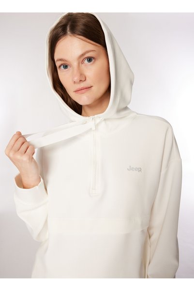 Hooded Collar Printed Ecru Women's Sweatshirt C4Wl-Swt4421