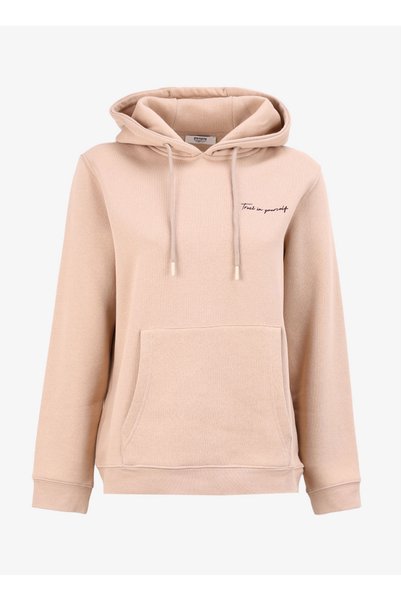 Hooded Collar Printed Beige Women's Sweatshirt Pbf4Wl-Swt5630