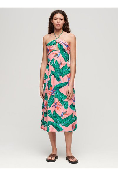 Classic Collar Patterned Pink Long Women's Dress W8011660A