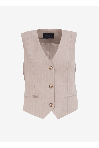 Beige Women's V-Neck Basic Fit Vest F4Wl-Ylk0229