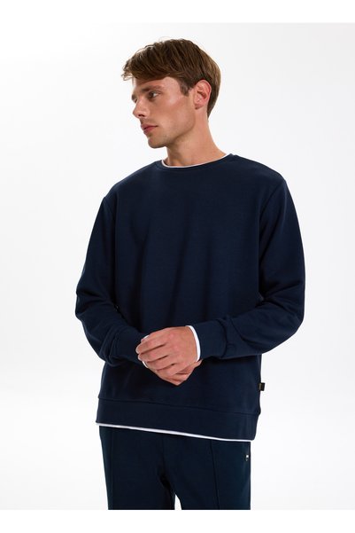 Navy Blue Men's Crew Neck Relaxed Sweatshirt J4Wm-Swt7355