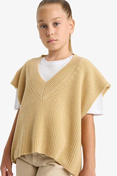 Oversize плетен џемпер со V-израз за девојчиња F2625A825AU
