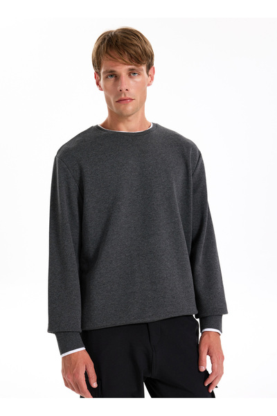 Crew Neck Plain Anthracite Melange Men's Sweatshirt J4Wm-Swt7355