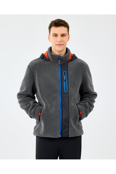Men's Gray Sherpa Coat - m Outdoor Fleece Full Zip S 242039 -035