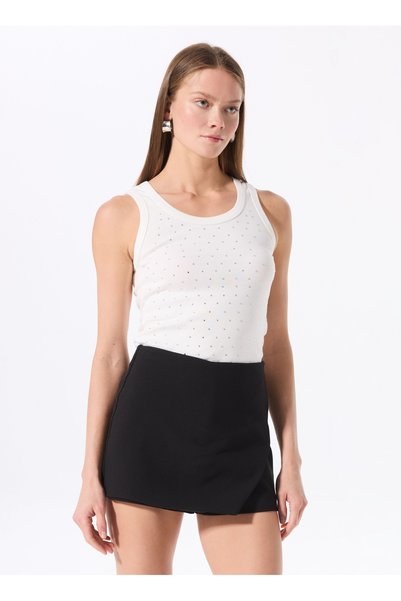 U Neck Stoned Off-White Women's Undershirt F5Sl-Tst0257