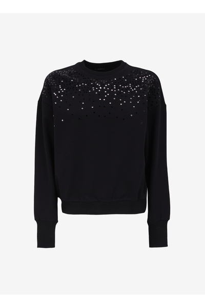 Black Women's Crew Neck Basic Sequined Sweatshirt F4Wl-Swt0130