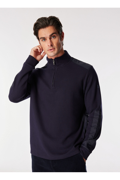Stand Collar Plain Navy Blue Men's Sweatshirt Fc4Wm-Swt 2117