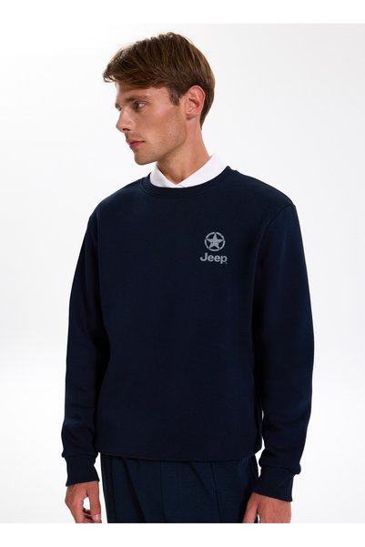 Navy Blue Men's Crew Neck Relaxed Printed Sweatshirt J4Wm-Swt7220