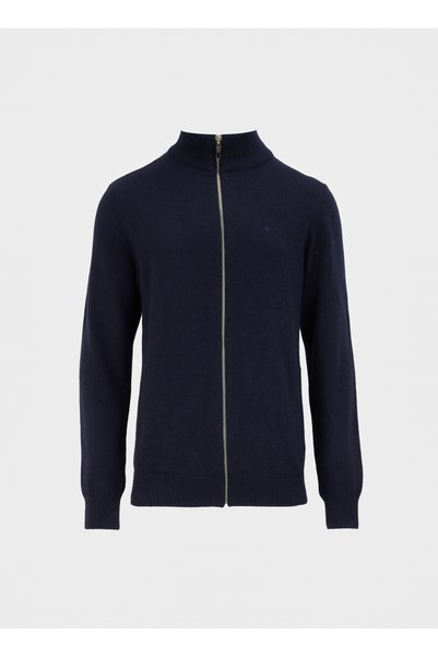 Navy Blue Men's Stand Collar Wool Blended Cardigan F4Wm-Hrk 2562