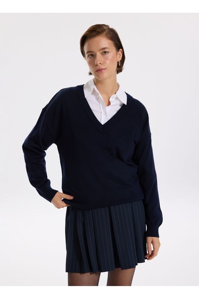 V-Neck Wide Fit Plain Navy Blue Sweater Women Pooll