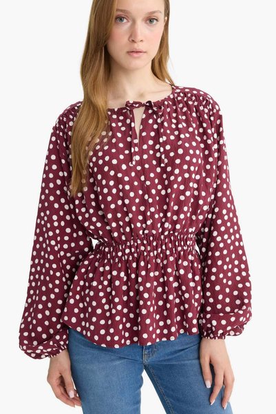 Regular Fit Crew Neck Polka Dot Long Sleeve Blouse E9920Ax25Au