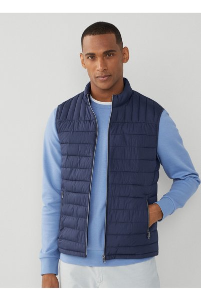 Navy Blue Men's Stand Collar Slim Fit Puffer Vest Hm403089