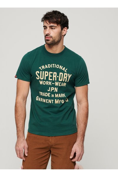 Crew Neck Printed Green Men's T-Shirt M1011906A9Vk_Workwear Flock Graphic