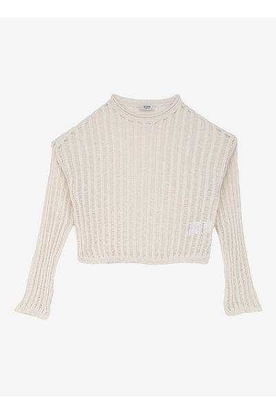 Crew Neck Openwork Beige Women's Blouse Spbf-Blz5602