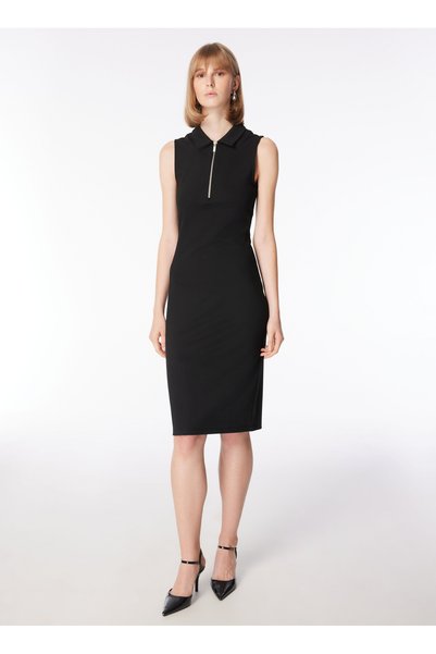 Polo Neck Plain Black Midi Women's Dress F4Sl-Elb W36