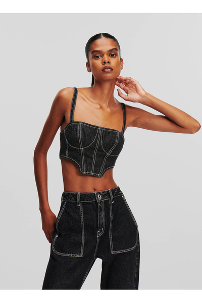 Jeans Square Neck Plain Black Women's Blouse 240J1600