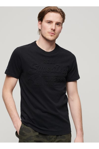 Crew Neck Plain Black Men's T-Shirt M1011908A12A_Embossed Vl t Shirt