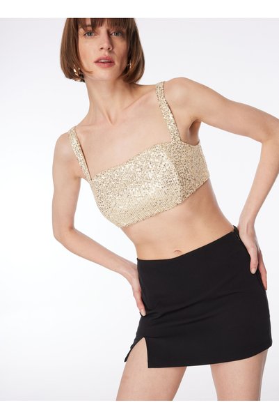 Square Collar Sequined Beige Women's Blouse F4Sl-Blz0603