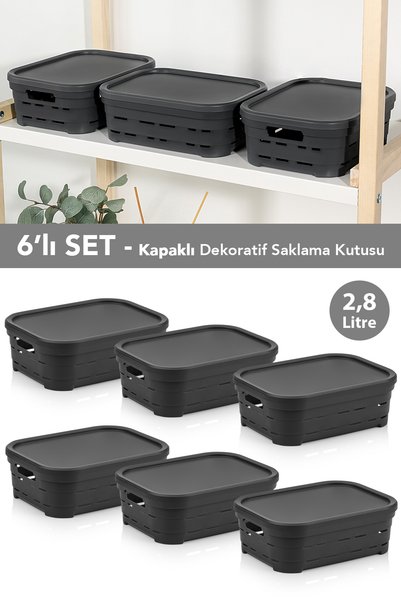 6-Piece Lid Hole-Punched Decorative Pyramid Storage Box - Closet Organizer Organizer 2.8 Lt Anthracite