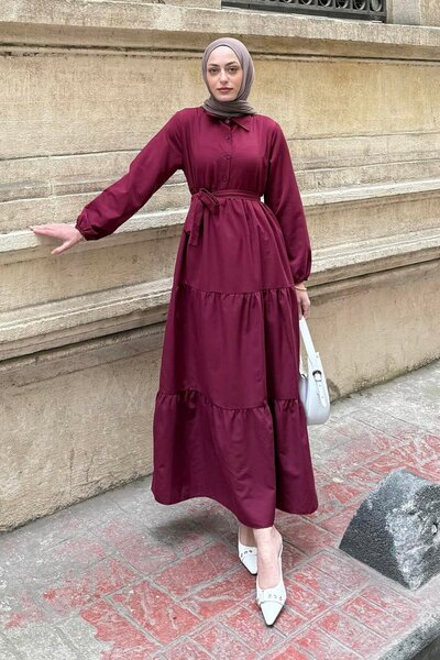 Half Button Detail Terrycotton Dress Burgundy
