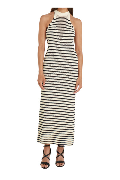 White Striped Classic Collar Long Women's Dress - CROCHET STP MIDI SWT DRESS