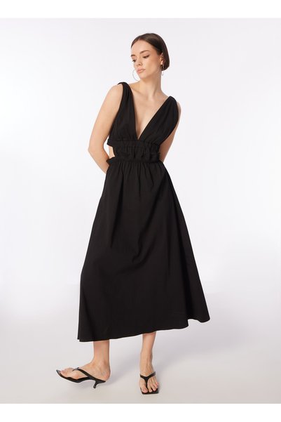 Black Women's V-Neck A-Form Fit Dress F4Sl-Elb0692