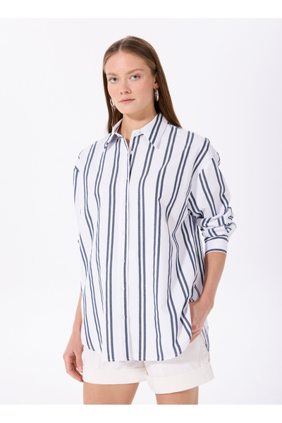 White - Navy Blue Women's Wide Fit Shirt F4Sl-Gml0124