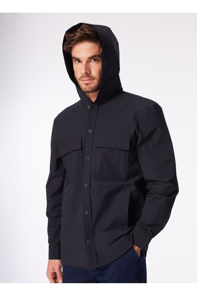 Navy Blue Men's Hooded Loose Fit Water Repellent - Bi Strech Shirt F4Sm-Gml 0113