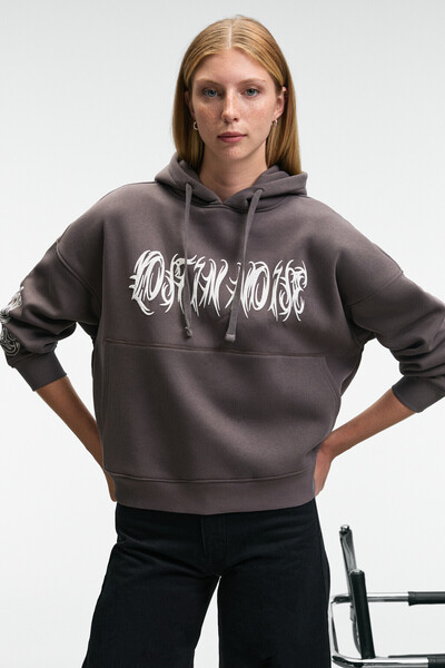 Alirayne Women's Printed Oversize Hooded Kangaroo Pocket Anthracite Sweatshirt