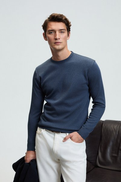 Varex men's round neck basic slim fit knitwear blue sweater