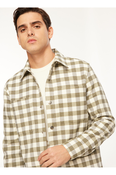 Basic Shirt Collar Plaid Khaki Men's Shirt F3Wm-Gml170