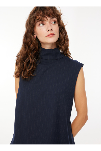Stand Collar Striped Navy Blue - White Women's Blouse F3Wl-Blz1