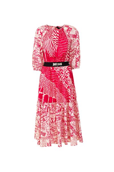Crew Neck Patterned Long Pink Women's Dress 74PBO932