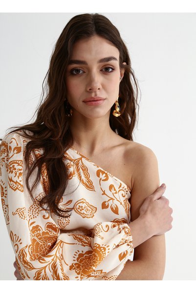 One Shoulder Collar Patterned White - Yellow Women's Blouse Season