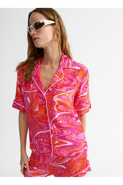 Basic Apash Collar Patterned Pink - Multicolored Women's Shirt Lila