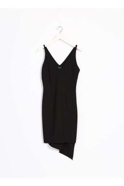 V-Neck Solid Black Above Knee Women Dress Ymn-13
