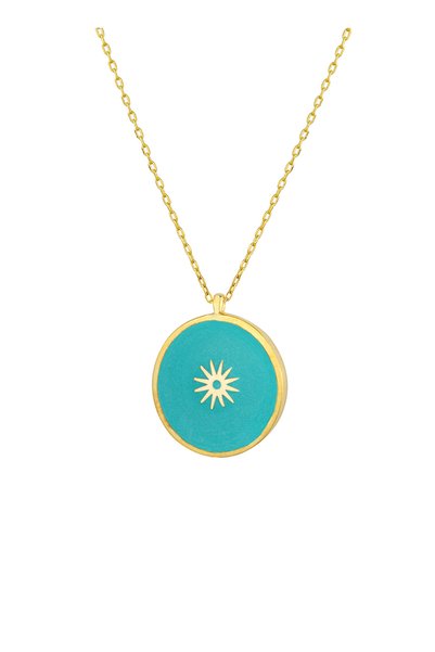 Over Sterling Silver 14K Gold Plated Enamel Sun Medallion Necklace