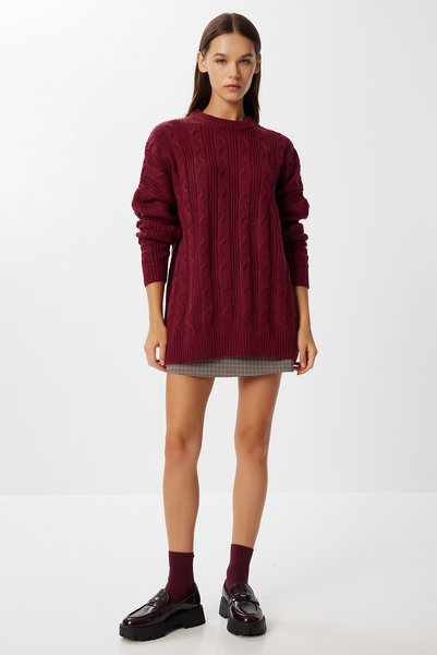 Oversize Hair Braided Knitwear Sweater Lnx0013 Bordo
