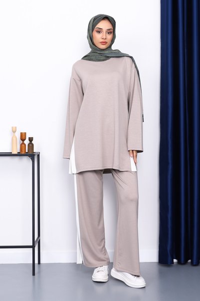 Light Mink Color Blocked Modal Tunic Pants Set