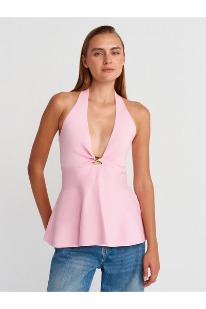 10787 Halter Neck Peplum Knitwear Blouse-Pink