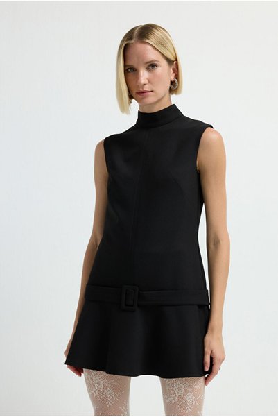 Belted Stand Collar Dress