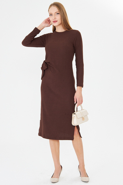 Women's Coffee Color Crew Neck Side Tie Bodycon Midi Length Lycra Dress Arm-26K001001