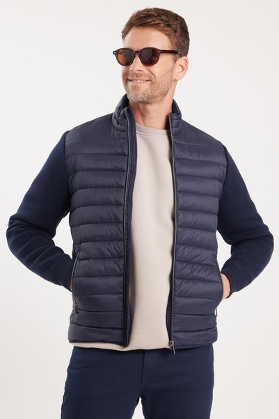 Men's relaxed fit comfortable cut quilted sleeves knit double pocket warm navy blue jacket