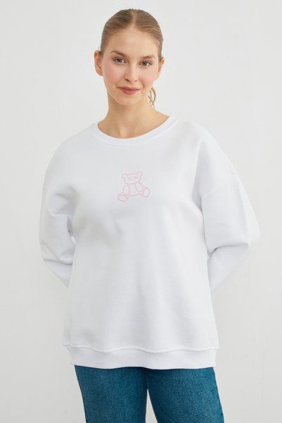 3 Thread Teddy Bear Printed Crew Neck Sweatshirt