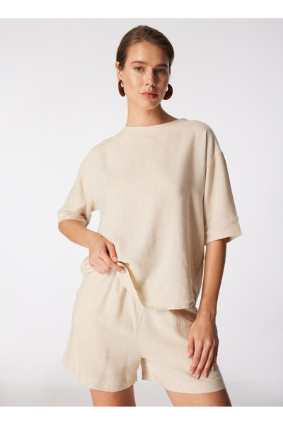 Crew Neck Beige Women's T-Shirt Spbf4Sl-Tst5516