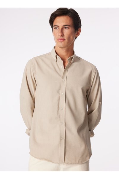 Beige Men's Buttoned Relaxed Striped Shirt F4Sm-Gml 0252