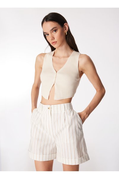 High Waist Basic White - Beige Women's Shorts F4Sl-Sht0174