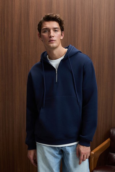Justus Men's Hooded Kangaroo Pocket Zipper Collar Navy Blue Sweatshirt