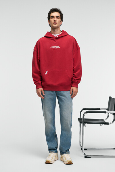 Clay Men's 100% Cotton Hooded Snap Fastener Printed Pocket Ornamental Label Red Sweatshirt