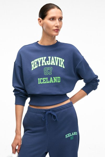 Sorellia Women's Crew Neck Printed Regular Navy Blue Sweatshirt with Corset Waist